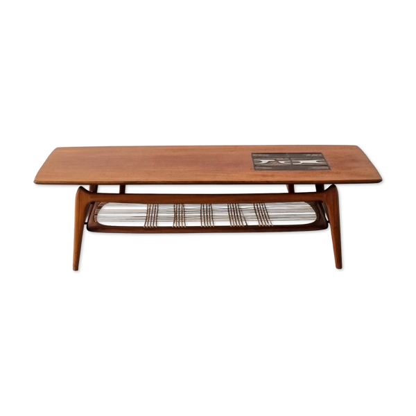 Table basse en teck Louis Van Teeffelen avec incrustation de carreaux