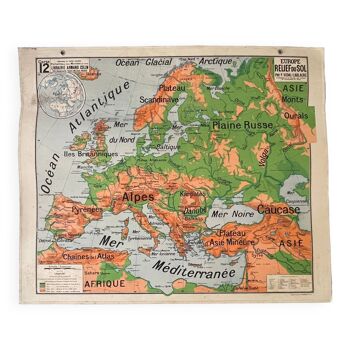 Old school map, europe relief n. 12 librairie armand collin, france, 50s-60s