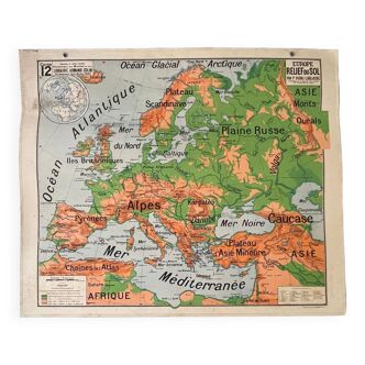 Carte scolaire ancienne,  europe relief n. 12 librairie armand collin, france, années 50-60