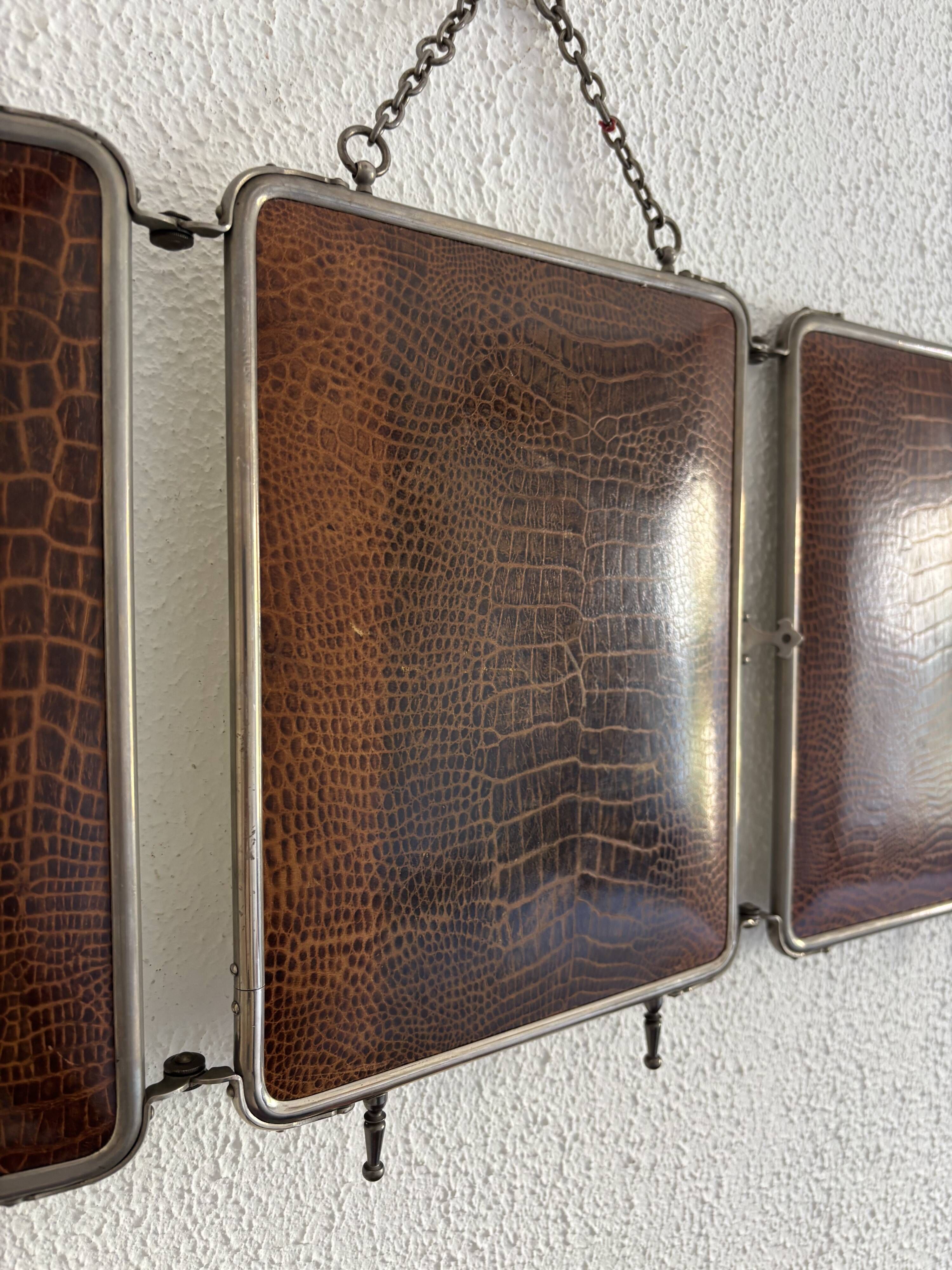 Vintage 1930s triptych barber mirror crocodile crystal - 30x69 cm
