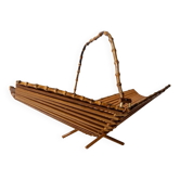 Vintage wooden fruit basket from the 1960s, foldable bamboo design, retro table decoration, elegant gift idea.