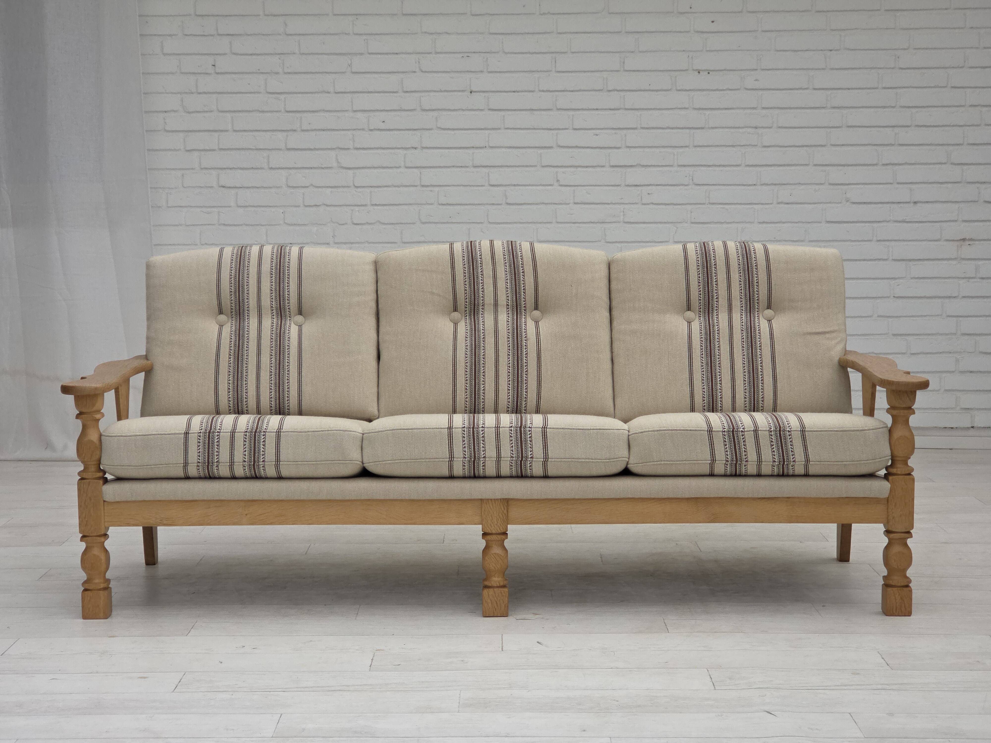 1970s, Danish 3-seater sofa, beige furniture wool, solid oak wood.