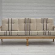 1970s, Danish 3-seater sofa, beige furniture wool, solid oak wood.