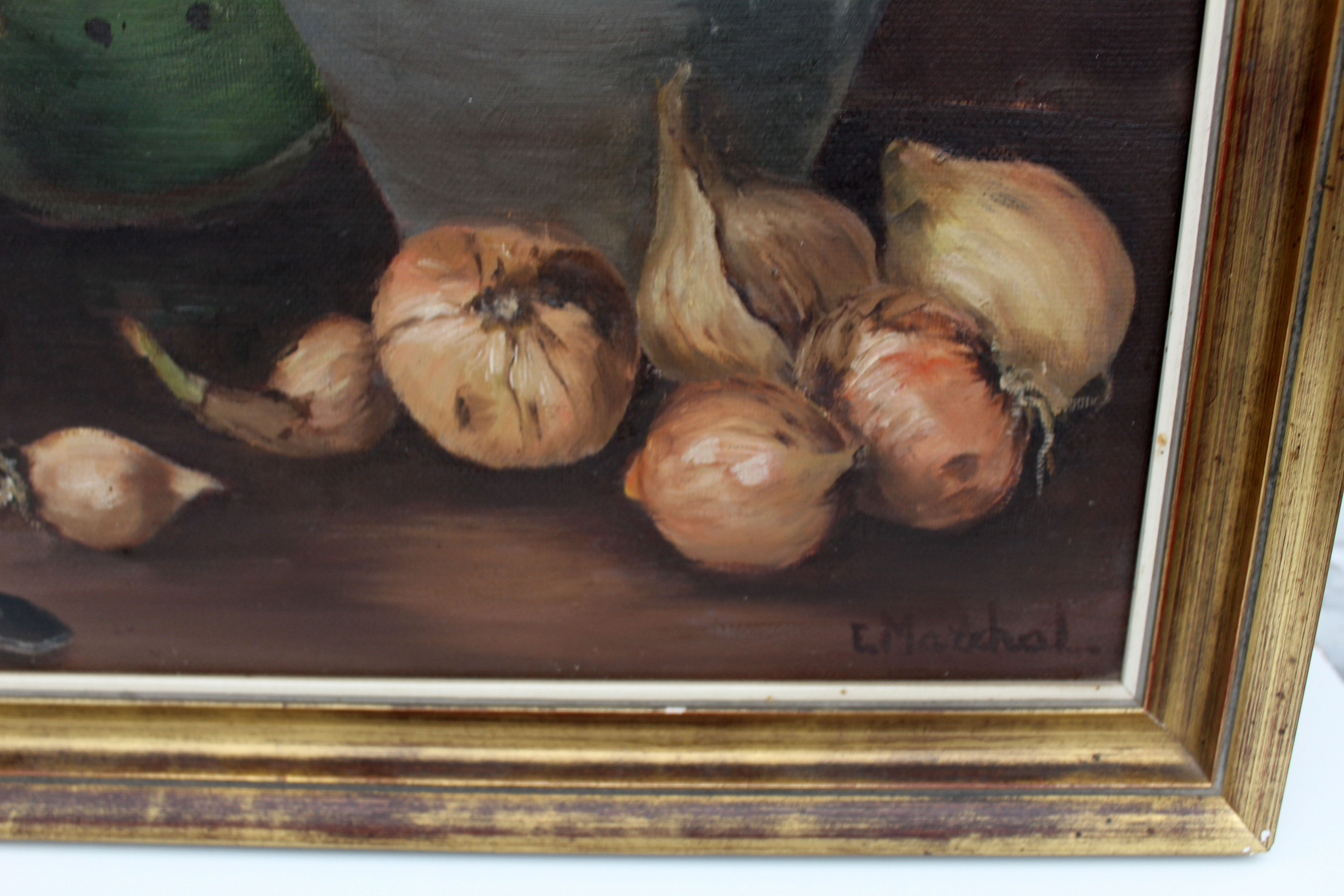 Vintage oil painting on canvas and gold gilded wood frame, still life