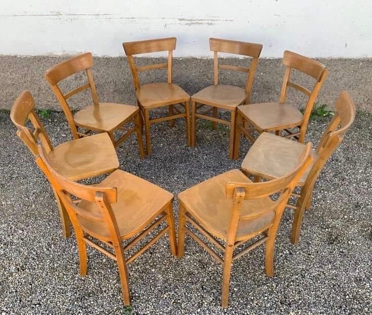Set of 8 old light wood bistro chairs years 1957 stamps