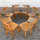 Set of 8 old light wood bistro chairs years 1957 stamps