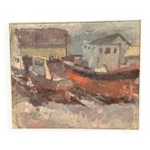 Huile sur toile originale suédoise – « Bateaux » par Ingemar Stragnell – Signée – Vintage et encadrée