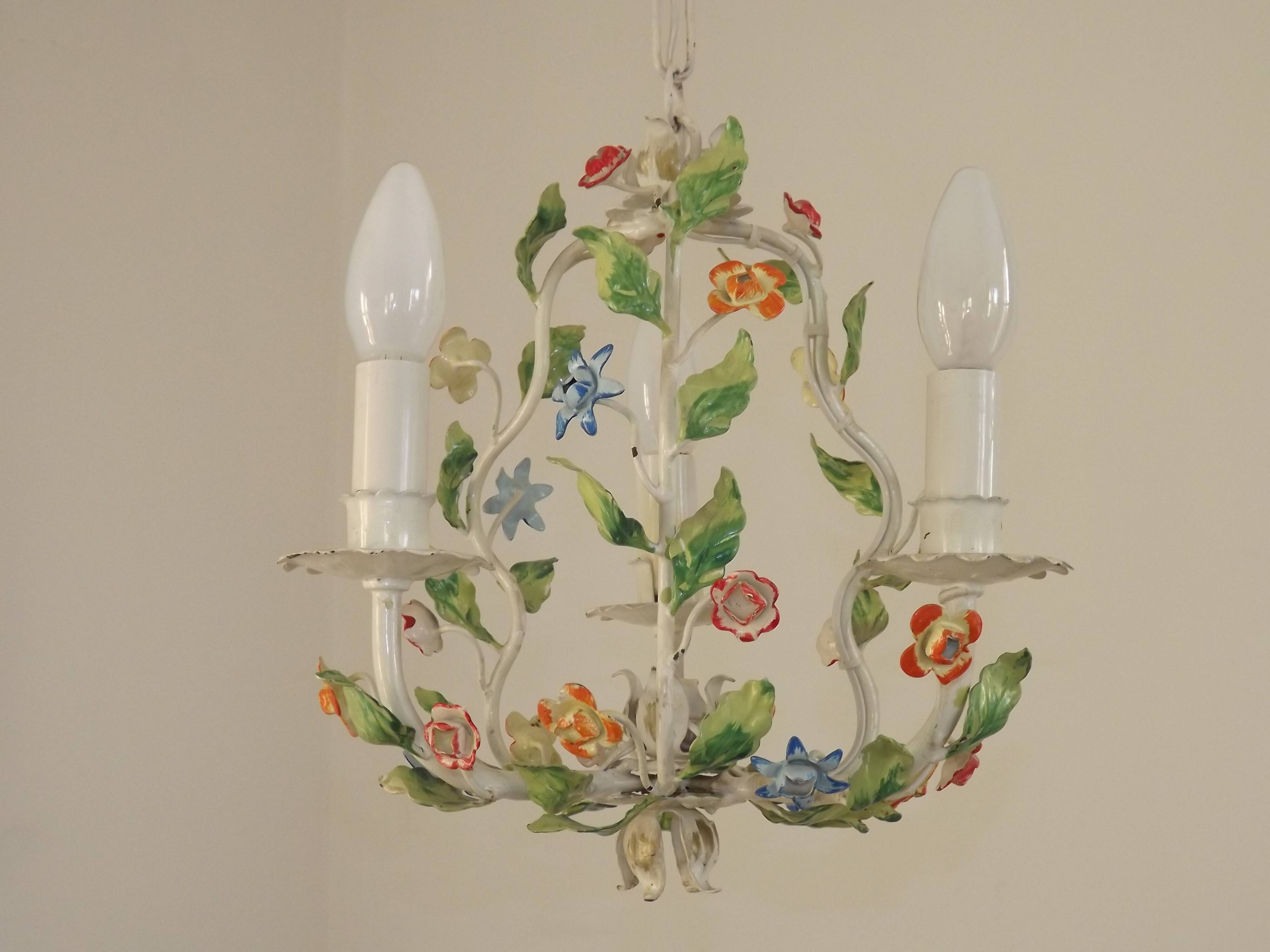 Romantic Vintage Italian Metal 3 Light Cage Chandelier Circa 1930s/40s