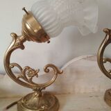 Pair of brass wall sconces and glass tulip, art nouveau style