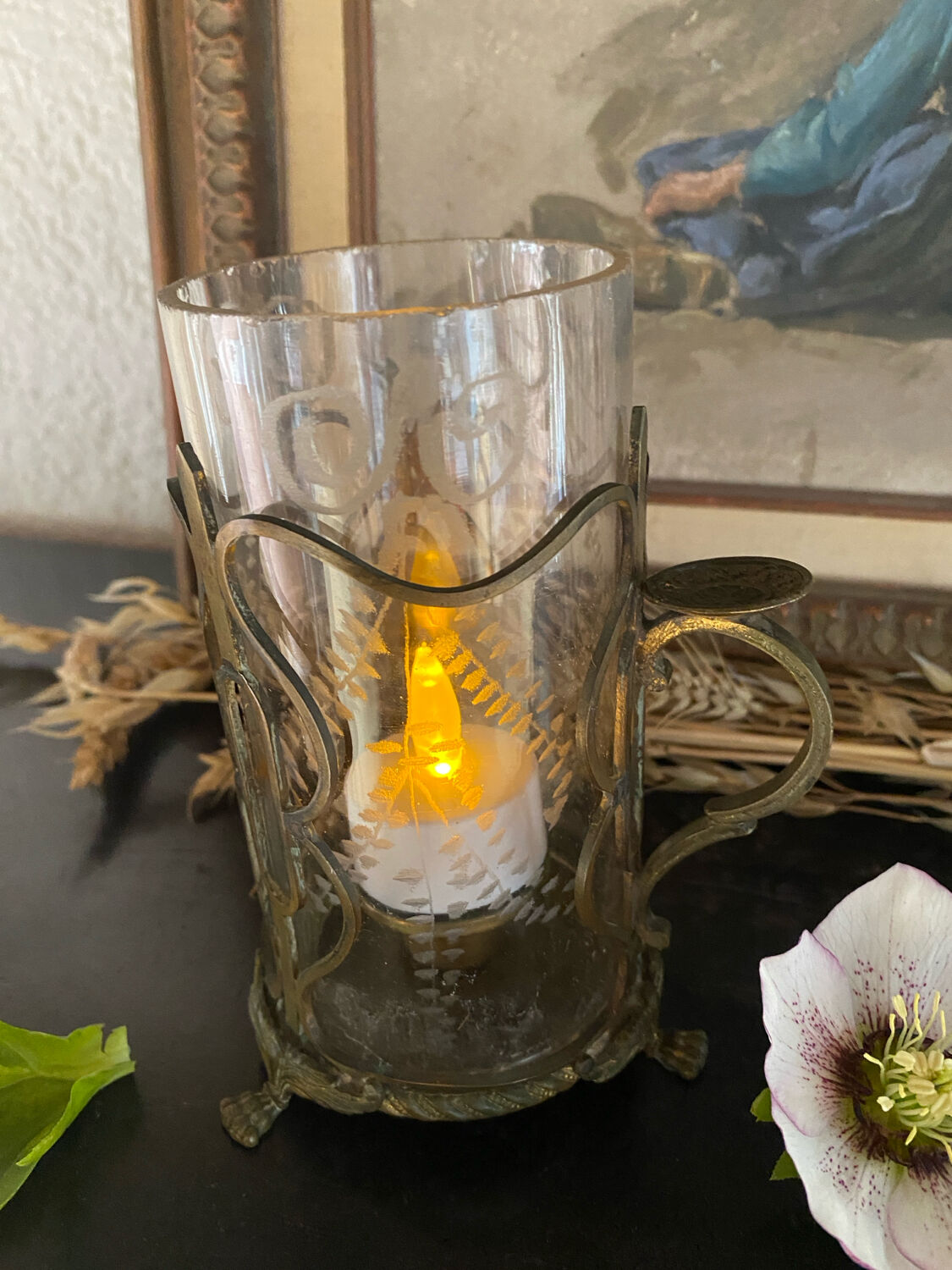 Antique glass and bronze candlestick