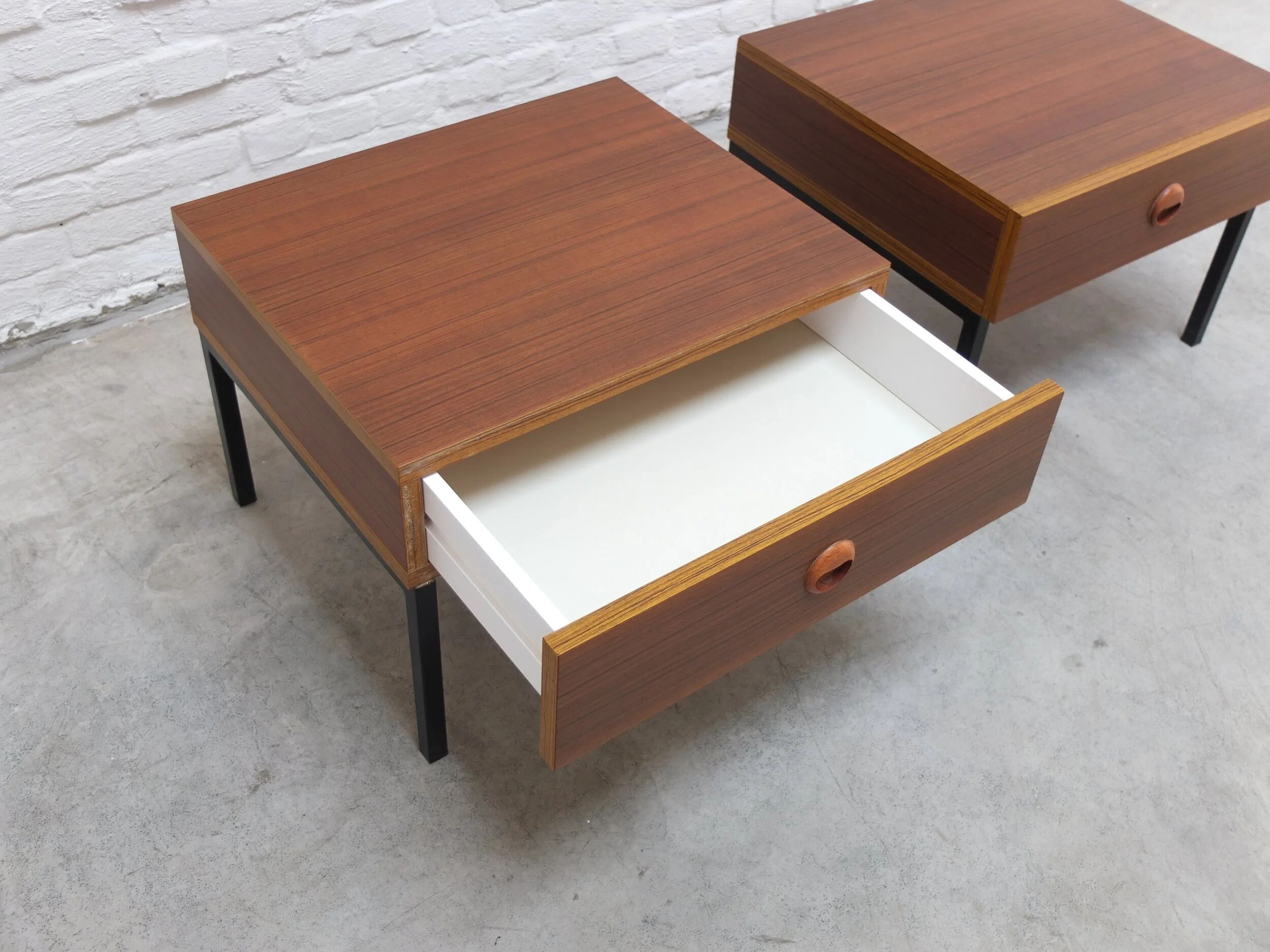 Modernist pair of bedside tables with drawers, 1960s
