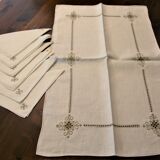 Nappe centre de table avec 6 serviettes en lin brodés main