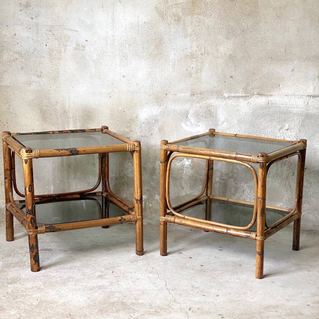 Pair of bedside tables or side tables in vintage 1980s rattan.