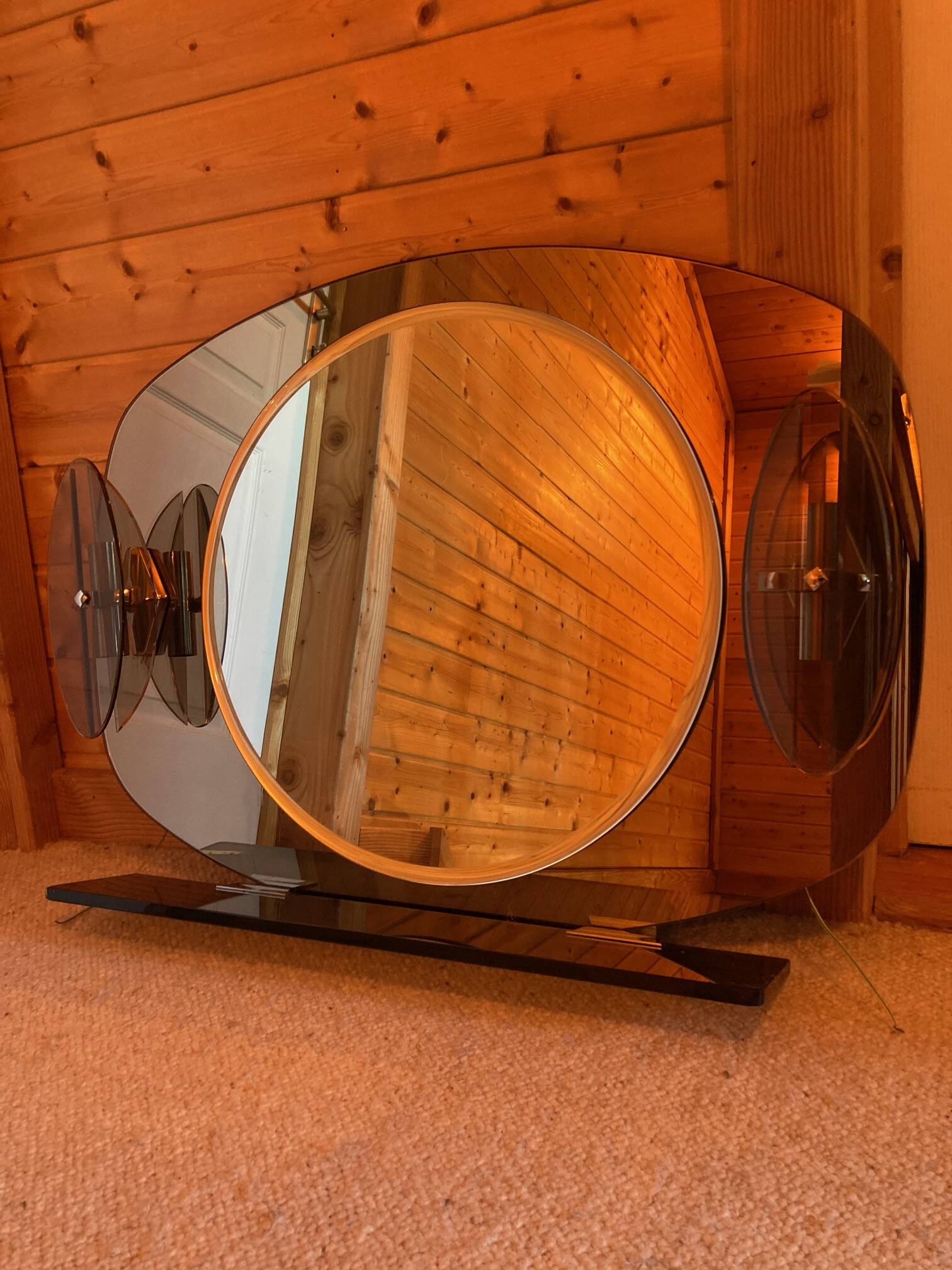 Brown smoked glass wall mirror - sconces & shelf - Italian design 1