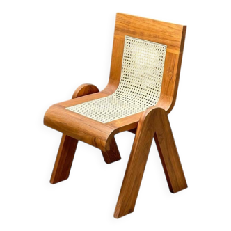 Solid wood dining chair with woven rattan seat