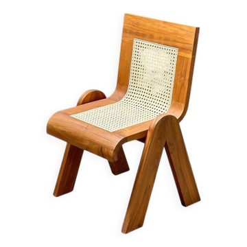 Solid wood dining chair with woven rattan seat