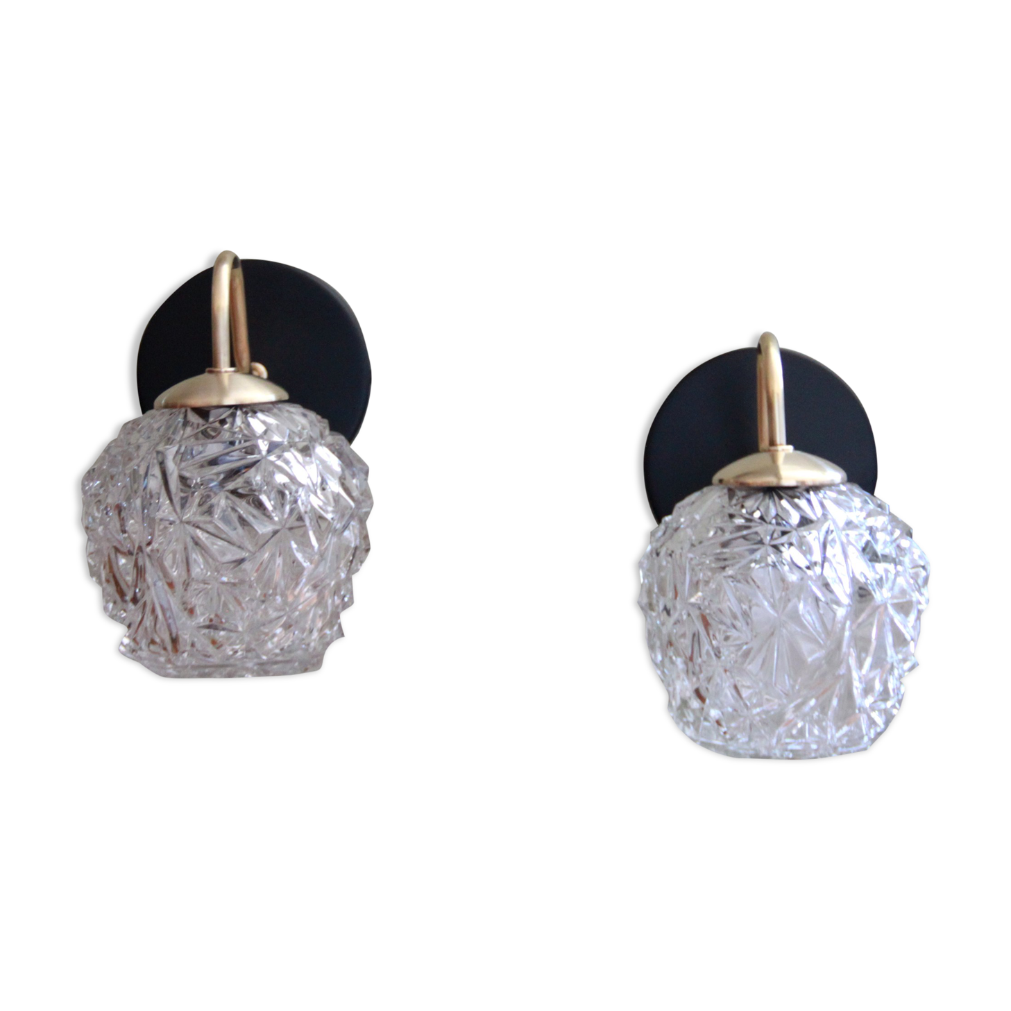 Pair of brass wall sconces and thick glass globe vintage luminaire
