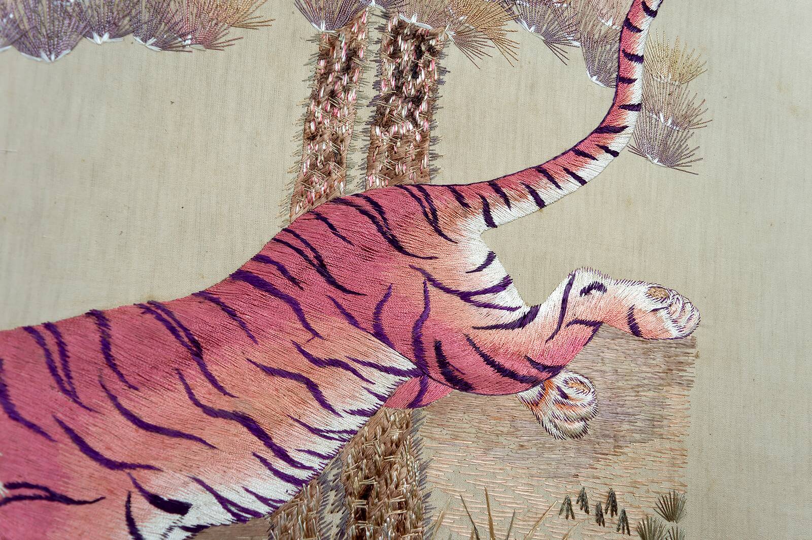 Important Set of Three Indochinese Silk Embroidered Tapestries