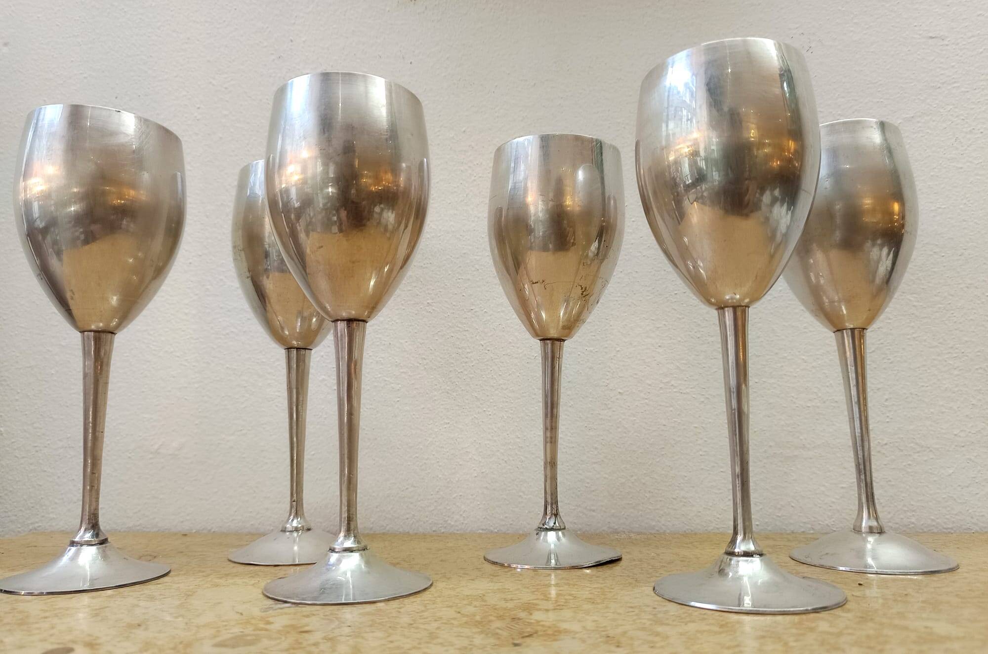 6 vintage metal stemmed glasses from the 1970s