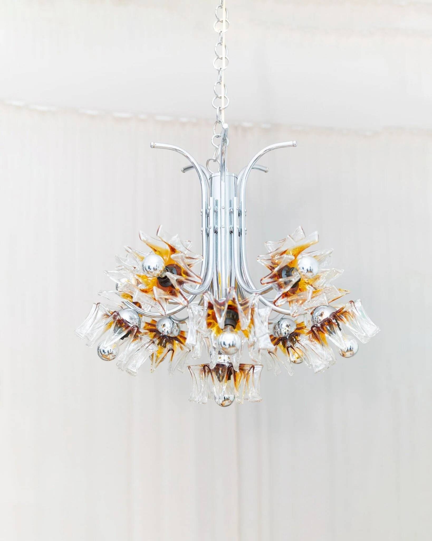 Carlo Nason Murano Glass Flower-Shades Chandelier by Mazzega - Chrome and Transparent Amber Glass, Hollywood Regency, 1970s