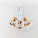 Carlo Nason Murano Glass Flower-Shades Chandelier by Mazzega - Chrome and Transparent Amber Glass, Hollywood Regency, 1970s