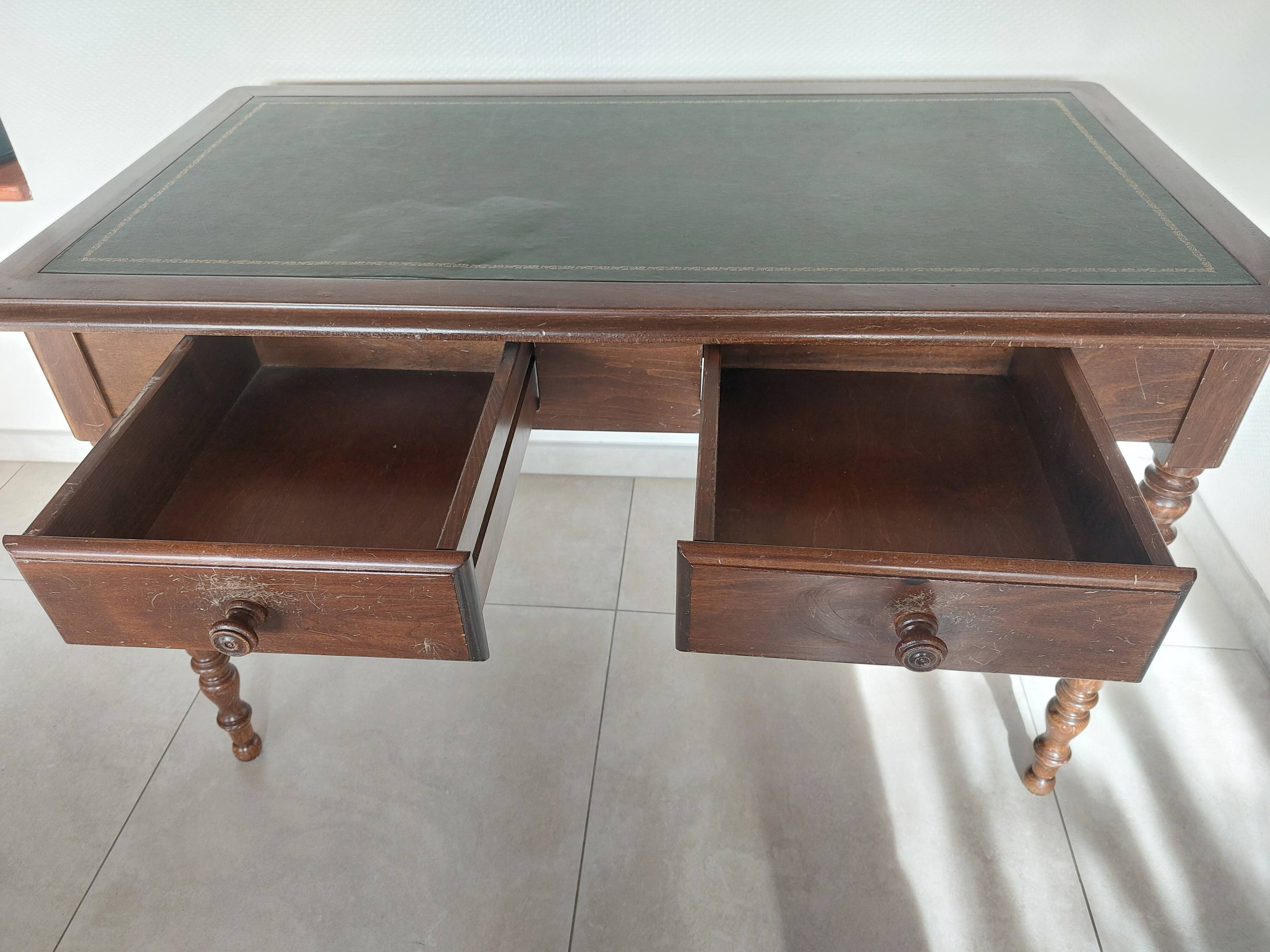 wooden desk, green leather top