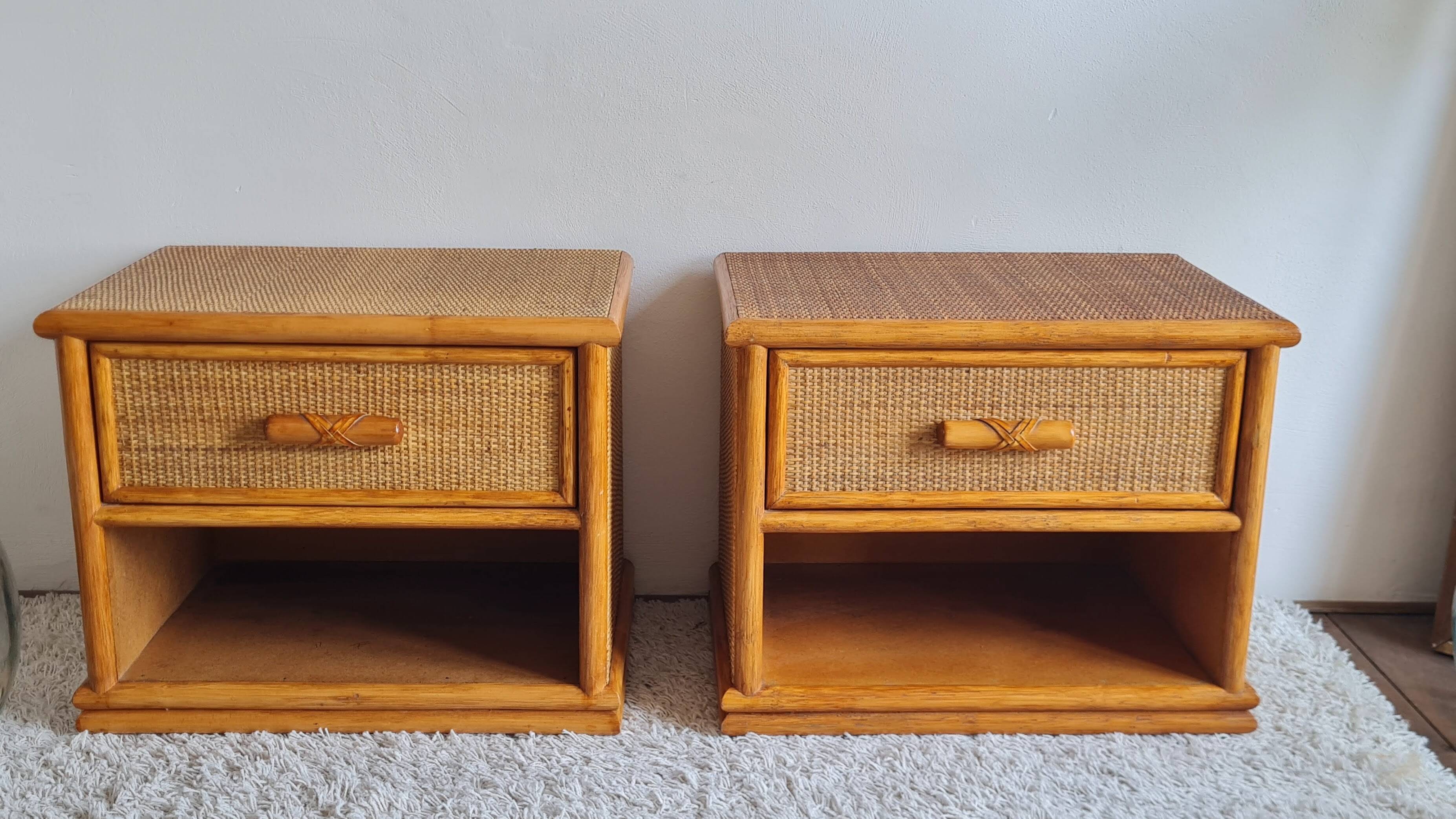 Pair of vintage rattan bedside tables from the 1970s.