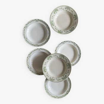 Set of 6 old mismatched iron earthenware soup plates in shades of green