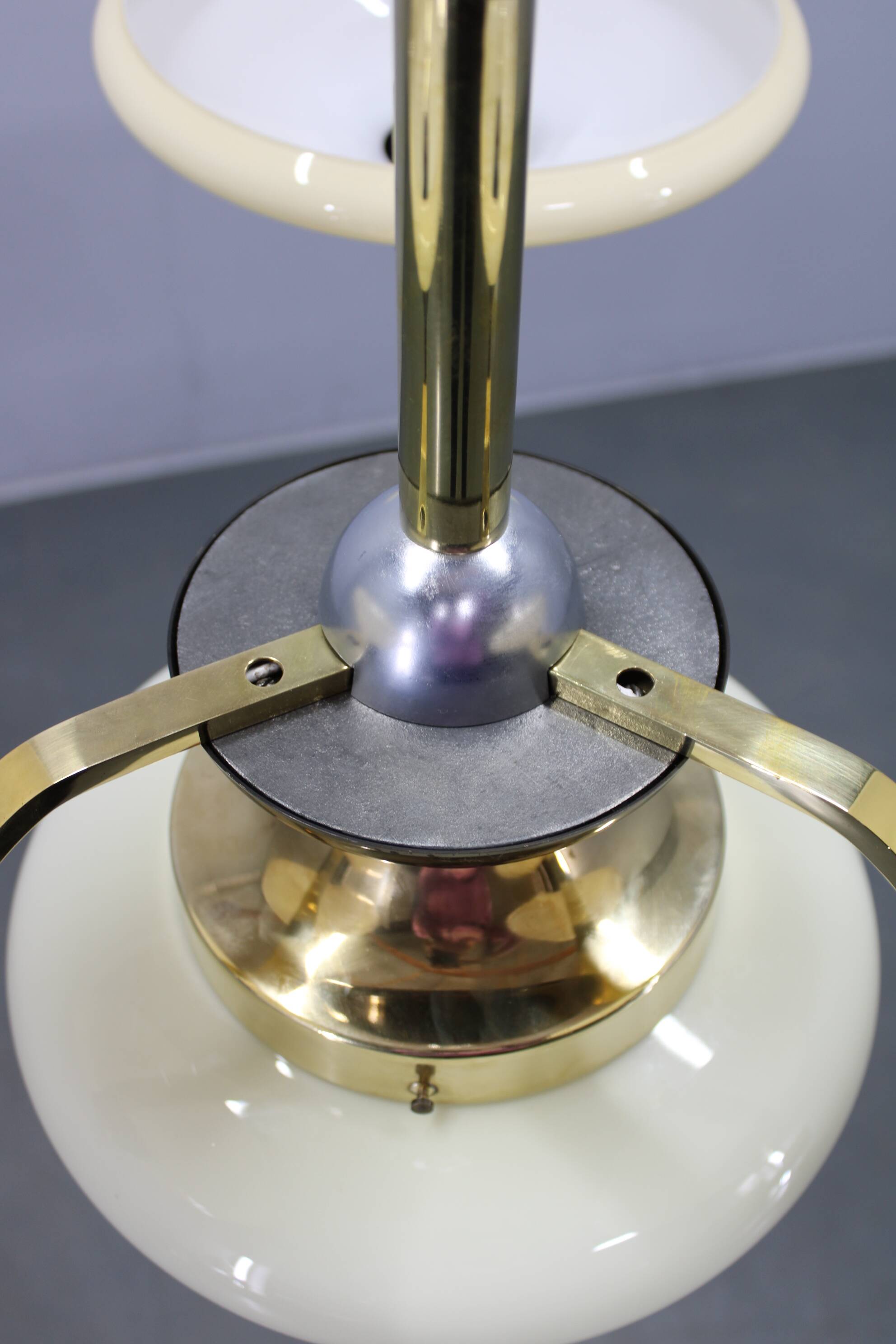 Art Deco brass and aluminum chandelier with cream glass, Czechoslovakia 1930s