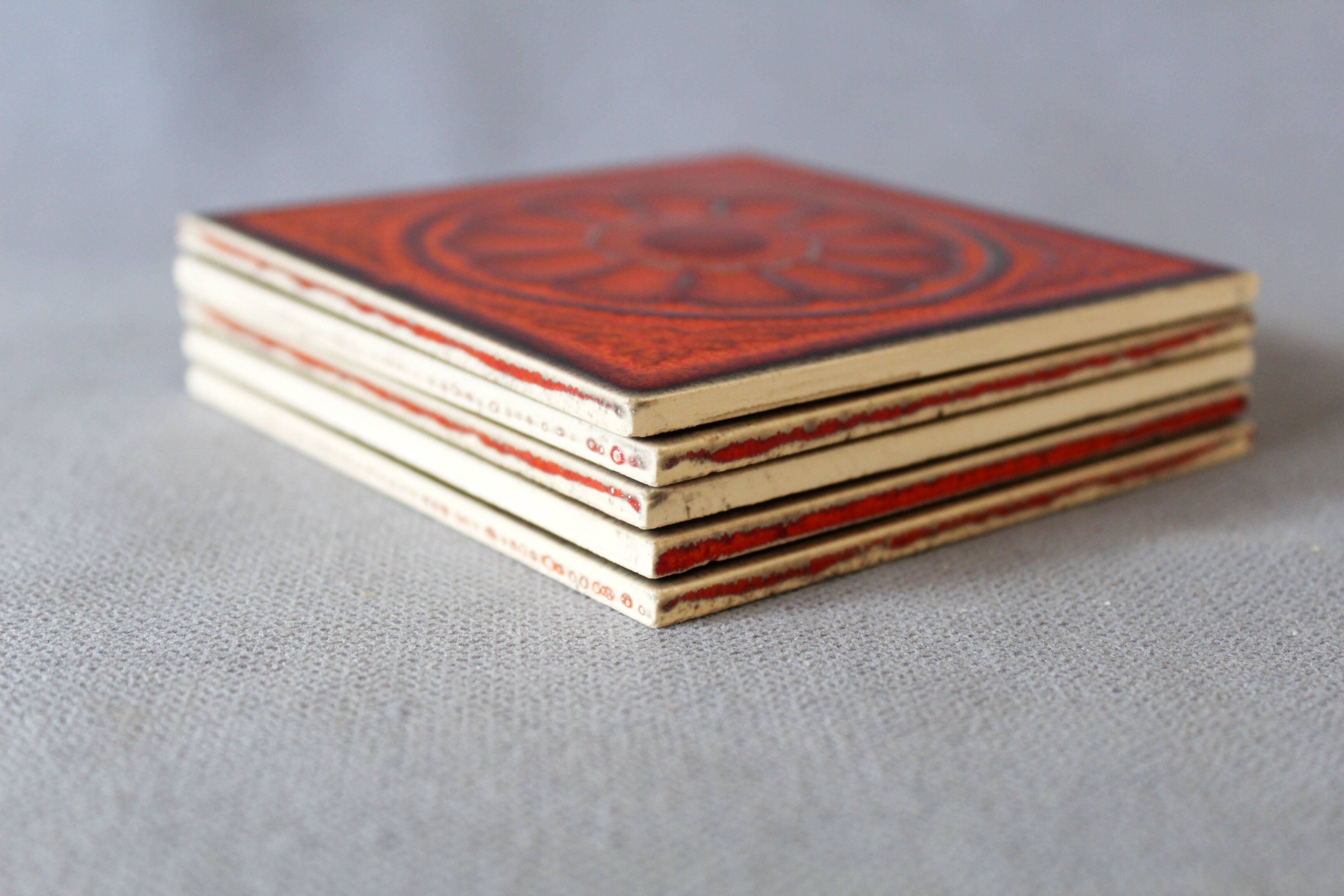 Vintage 5 Villeroy and Boch small tiles, 1960s-70s, orange flowers