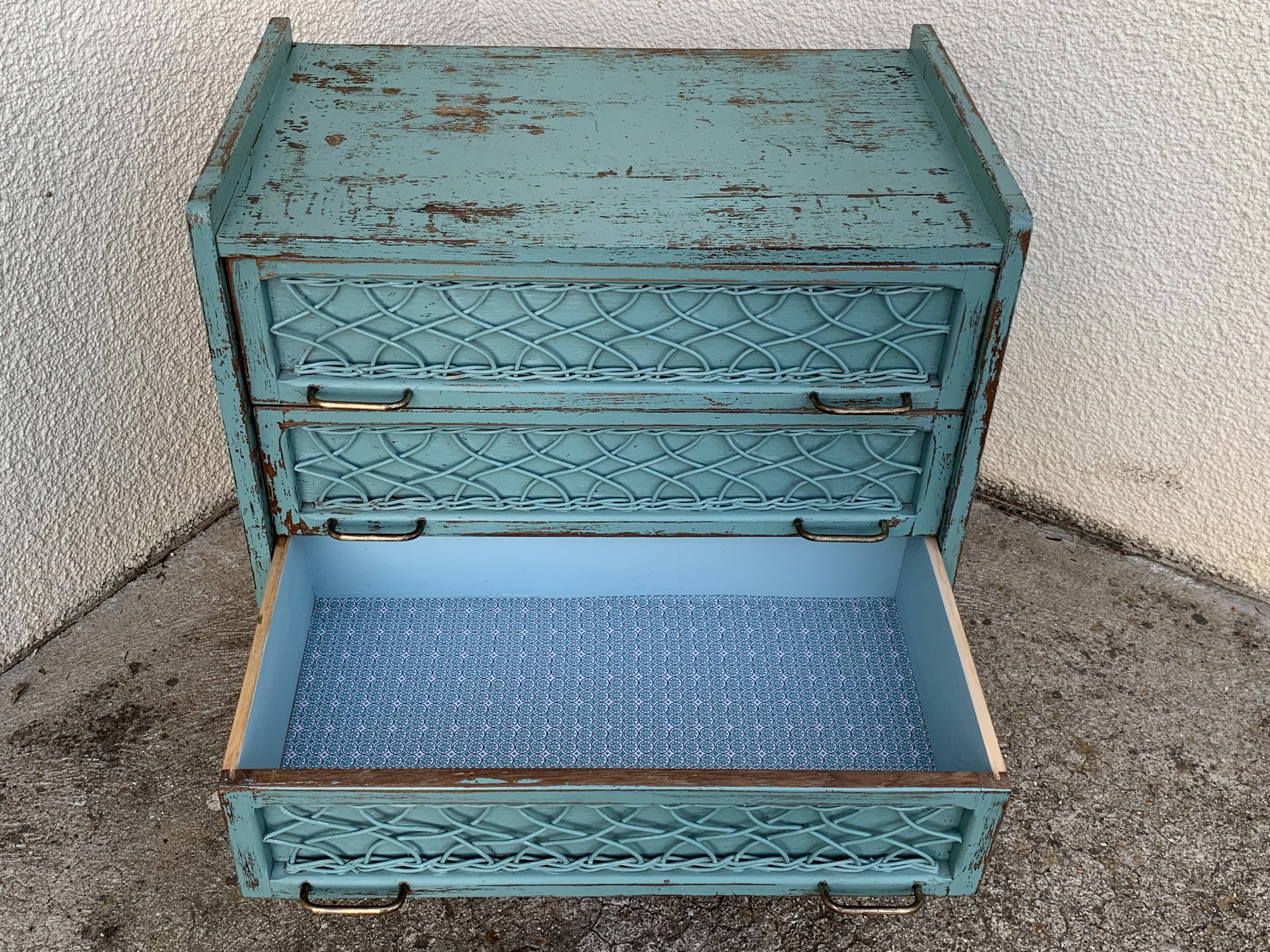 Vintage chest of drawers wood and rattan patina turquoise 1950