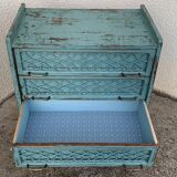Vintage chest of drawers wood and rattan patina turquoise 1950