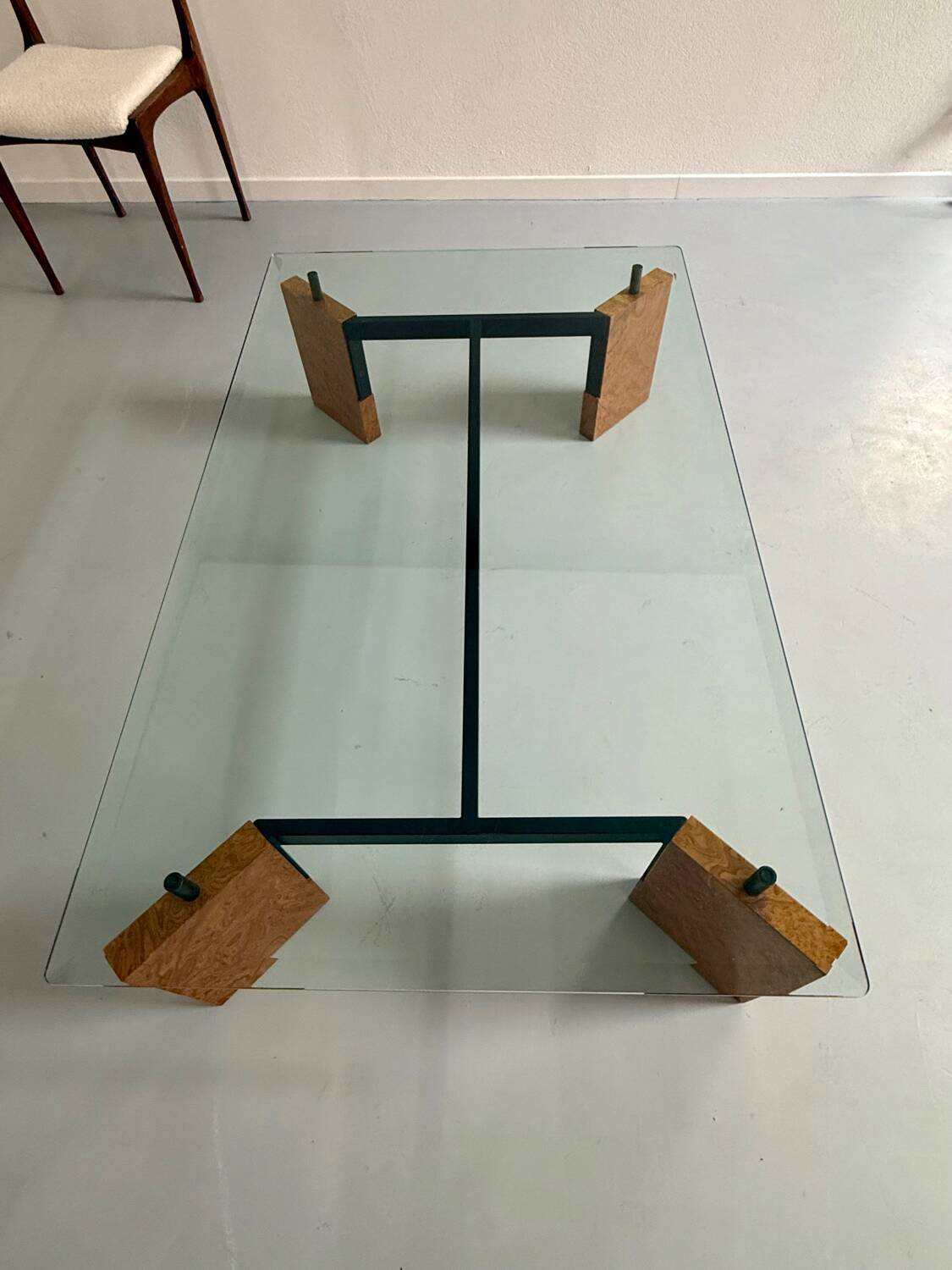 Old coffee table in glass and magnifying glass, French design Paul Michel, year 70