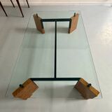 Old coffee table in glass and magnifying glass, French design Paul Michel, year 70