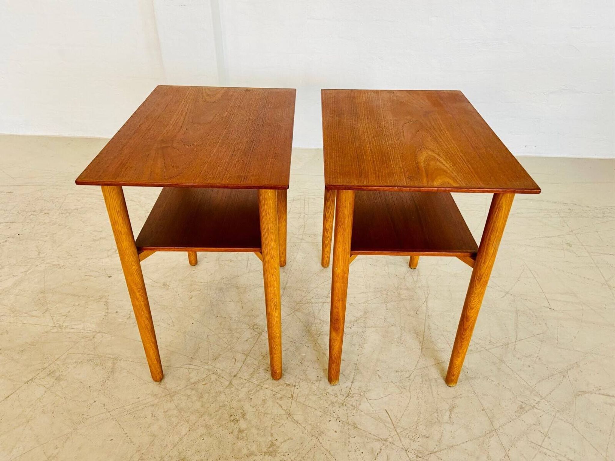 Vintage Danish mid-century teak and oak bedside tables by Næstved Møbelfabrik