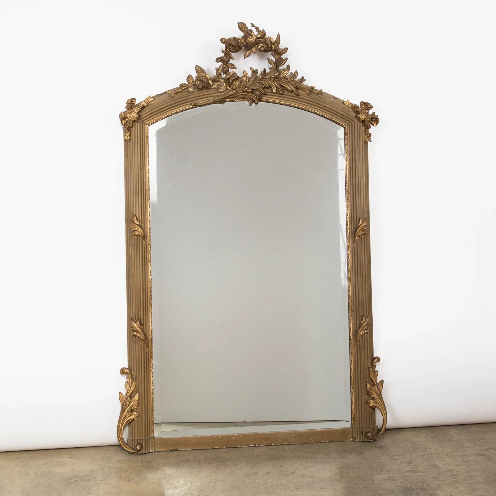 19th C antique French Louis XVI mirror with leave crest