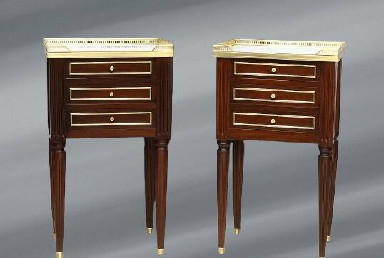 Pair of Mahogany Nightstands with White Carrara Marble in Louis XVI Style