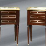 Pair of Mahogany Nightstands with White Carrara Marble in Louis XVI Style