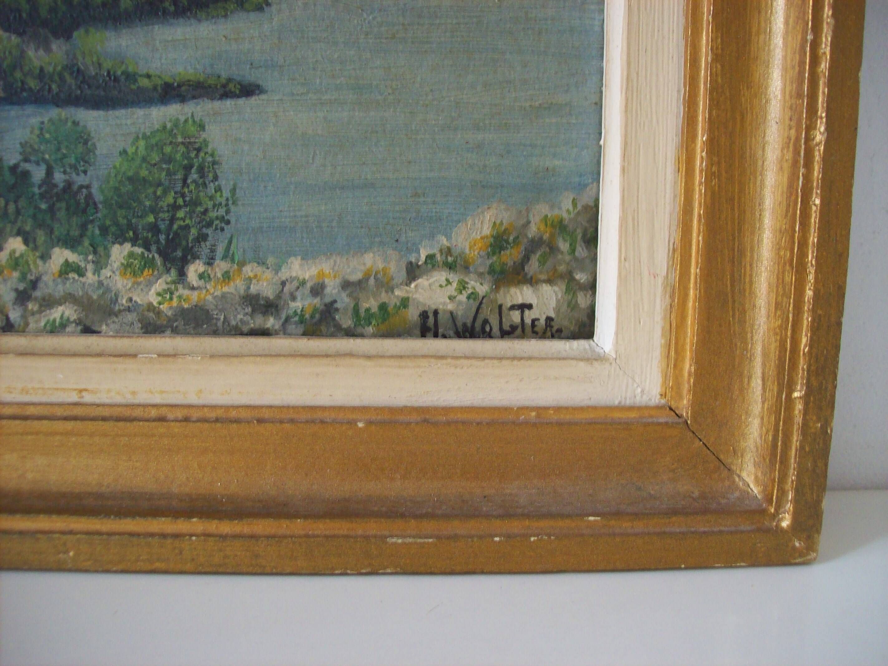 Old oil on cardboard of a marine and coastal landscape signed H. Walter.