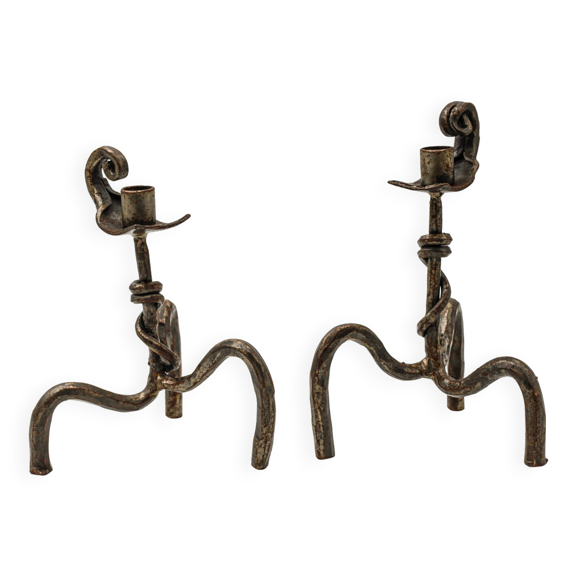 Pair of brutalist wrought iron candlesticks, French work, 1950s-1960s