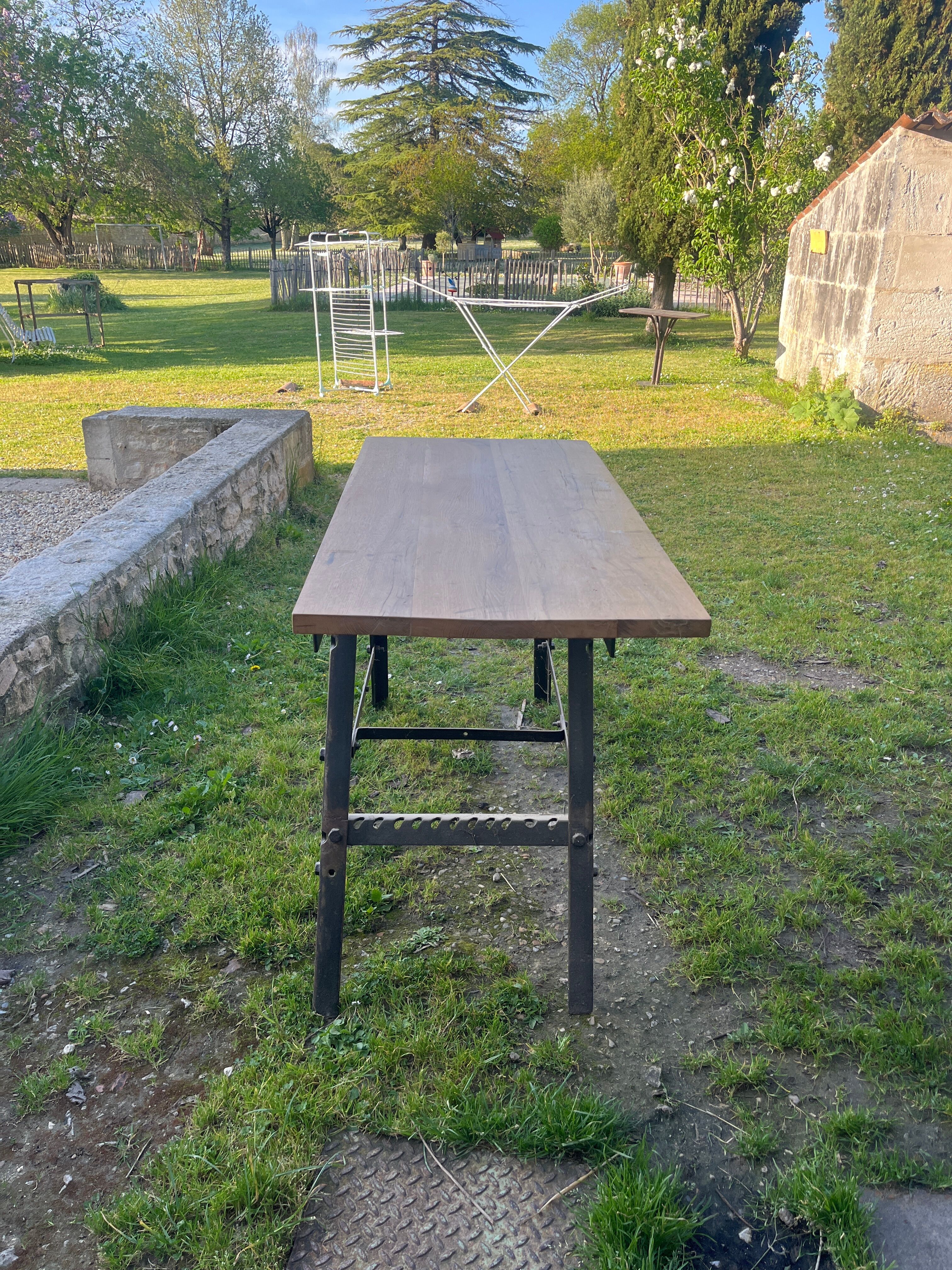 Industrial console, oak top and metal structure.
