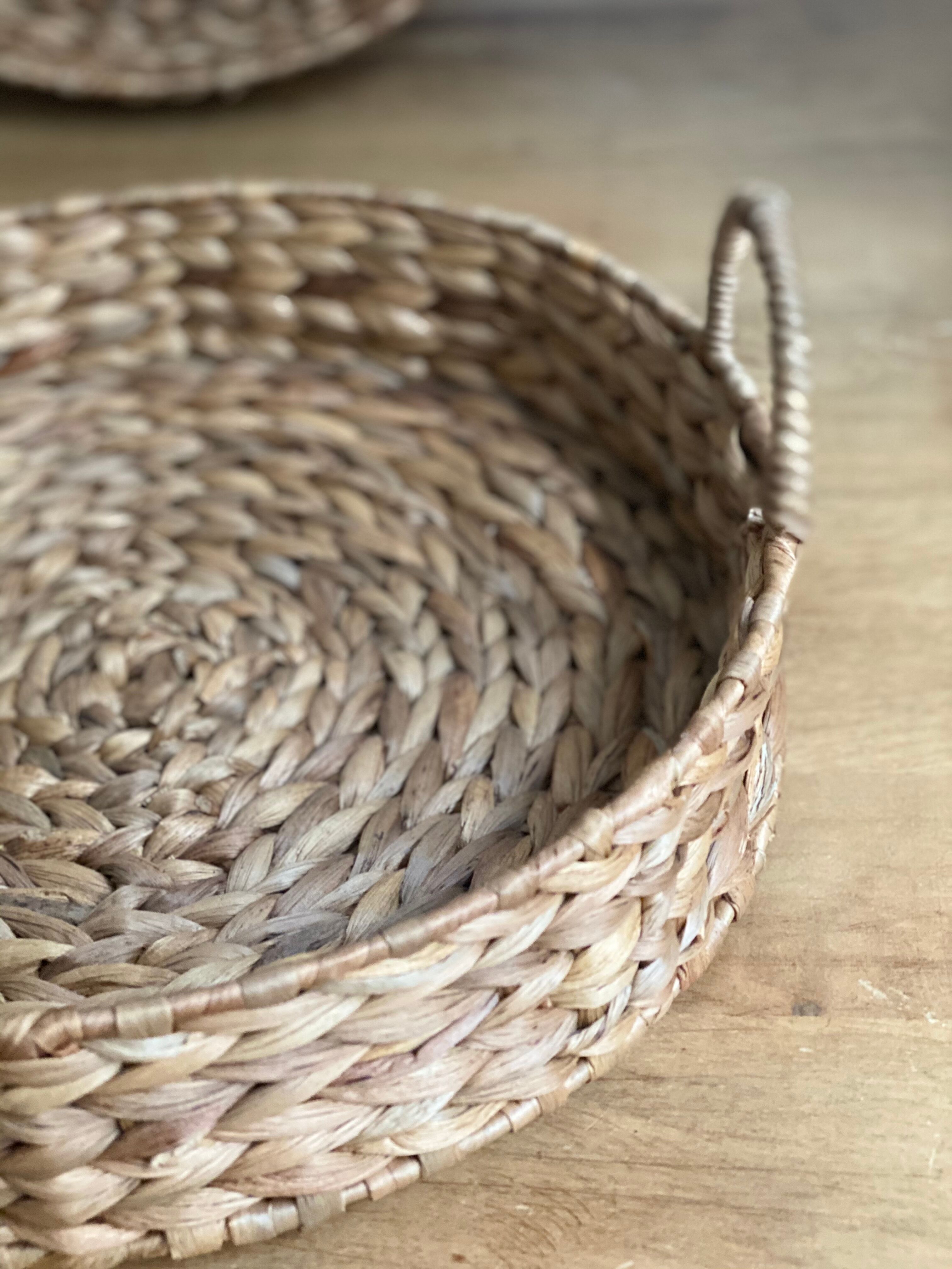 Plateau rond en rotin tressé vintage 33 cm