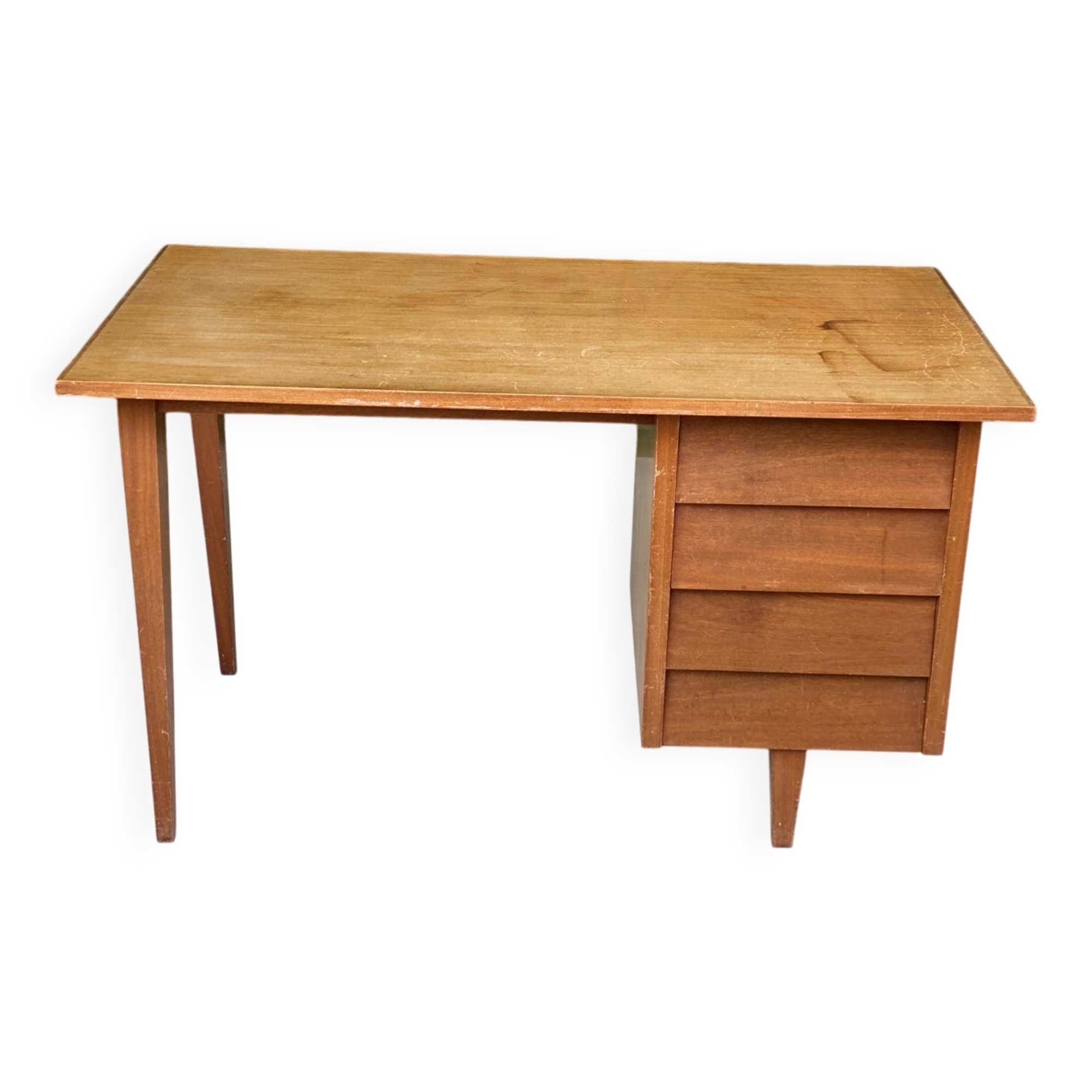 1940s Scandinavian wooden desk with 4 drawers and spindle legs