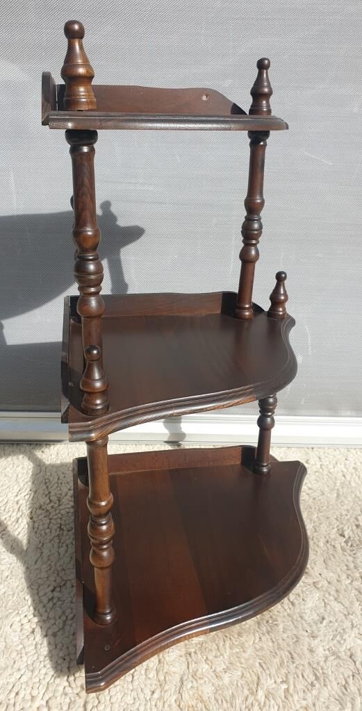 Wall-mounted corner display with 3 mahogany shelves