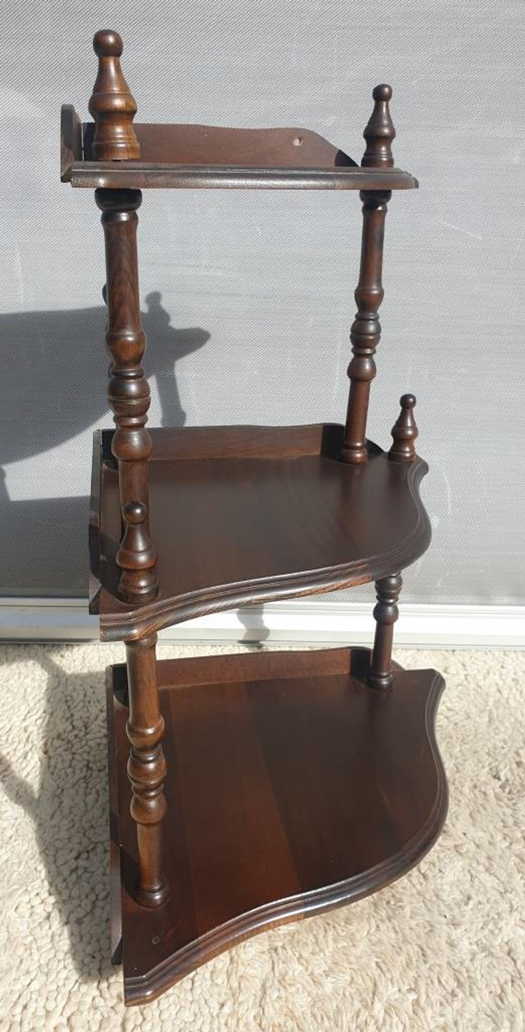 Wall-mounted corner display with 3 mahogany shelves