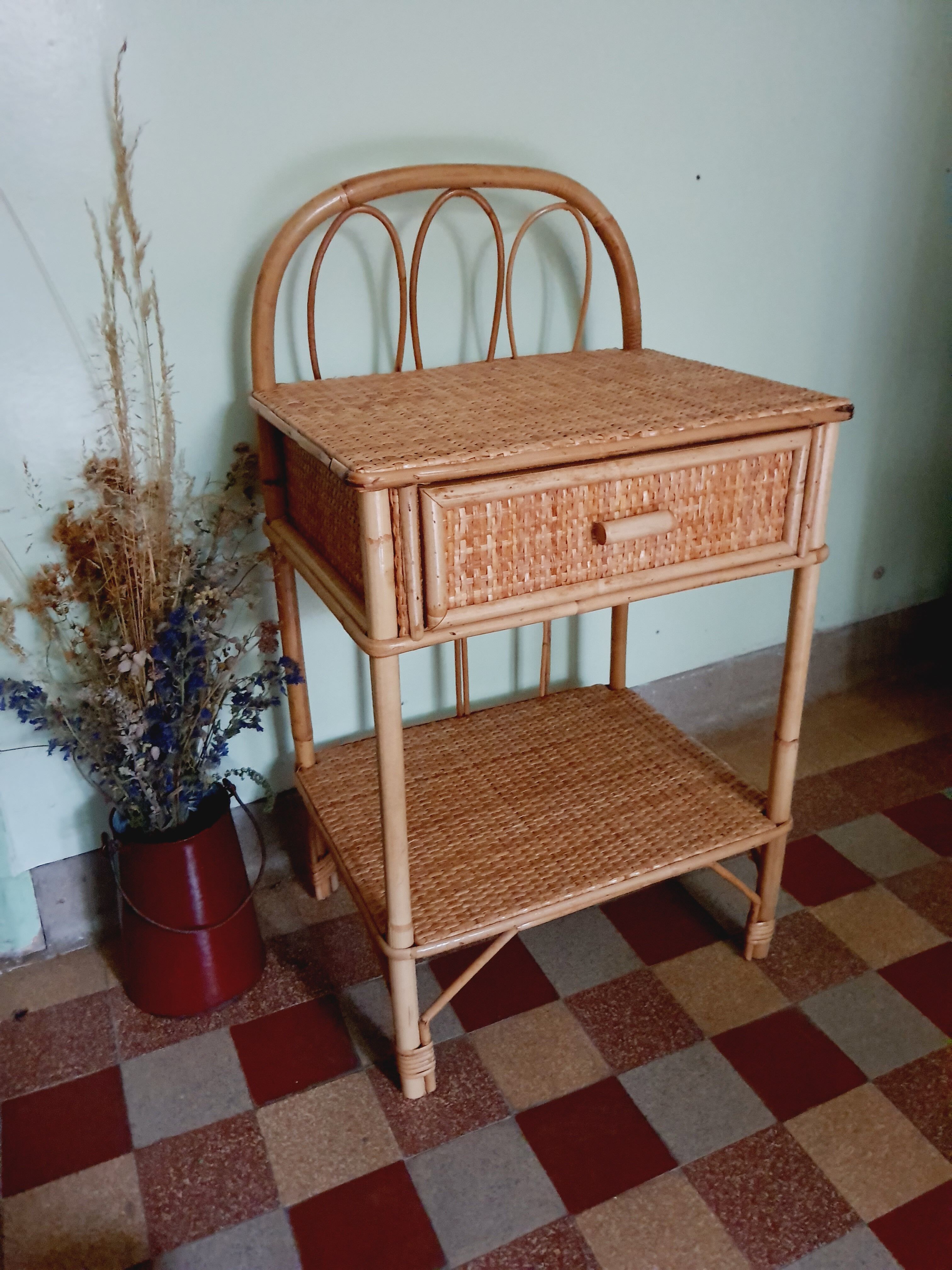 60' vintage rattan bedside table