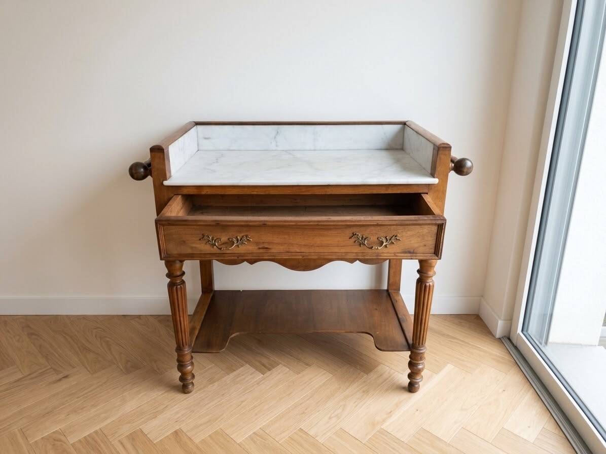 Antique dressing table in solid walnut and white marble.