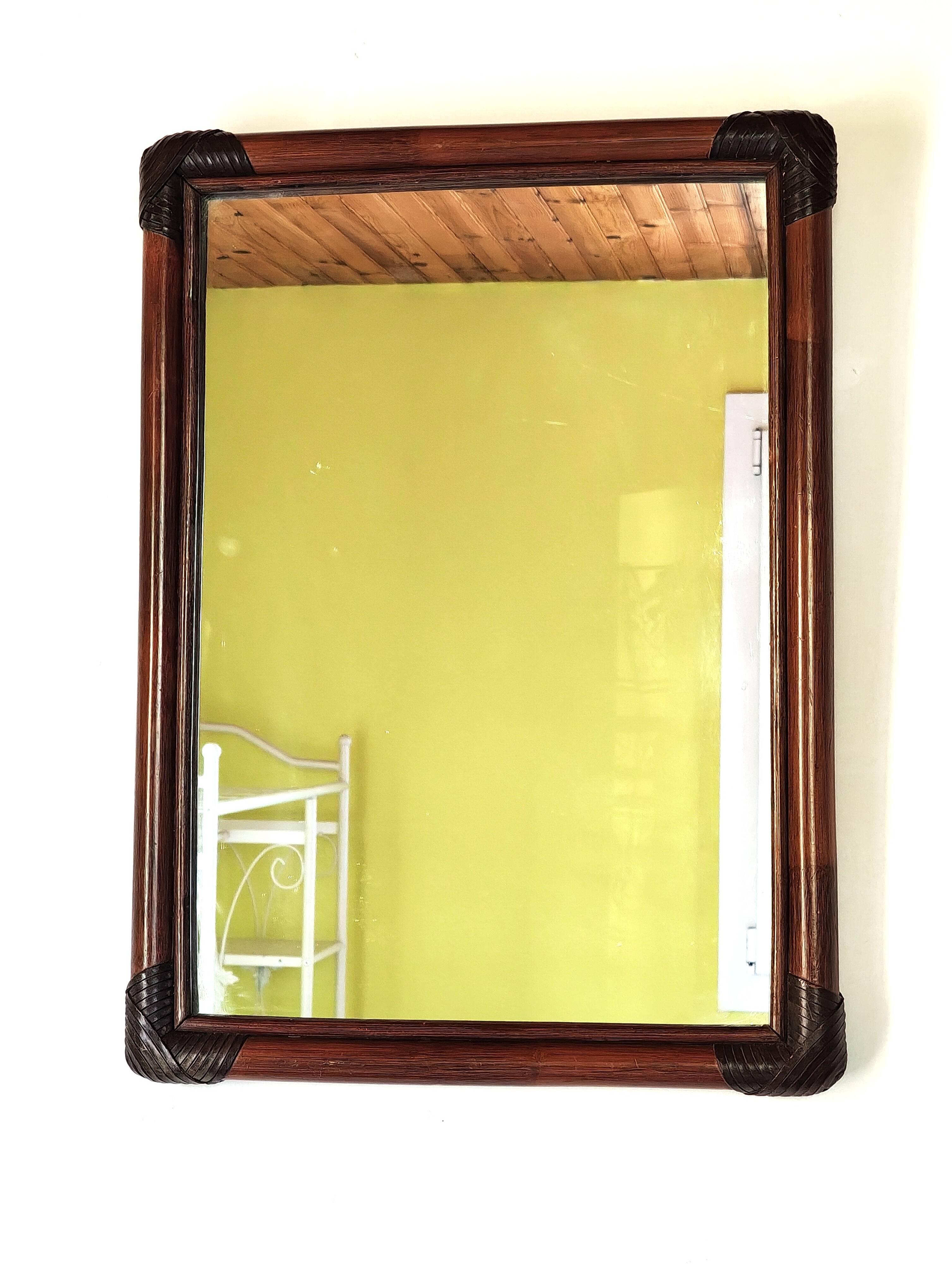 Antique mirror in bamboo and woven leather