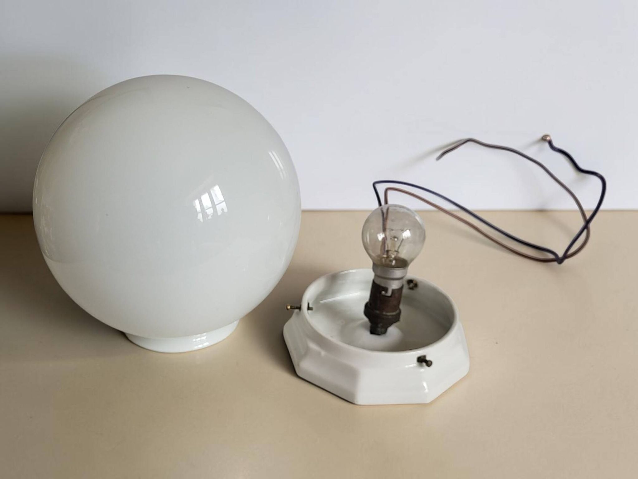 Opaline ball ceiling light, Art Deco/industrial — 1930s-1950s