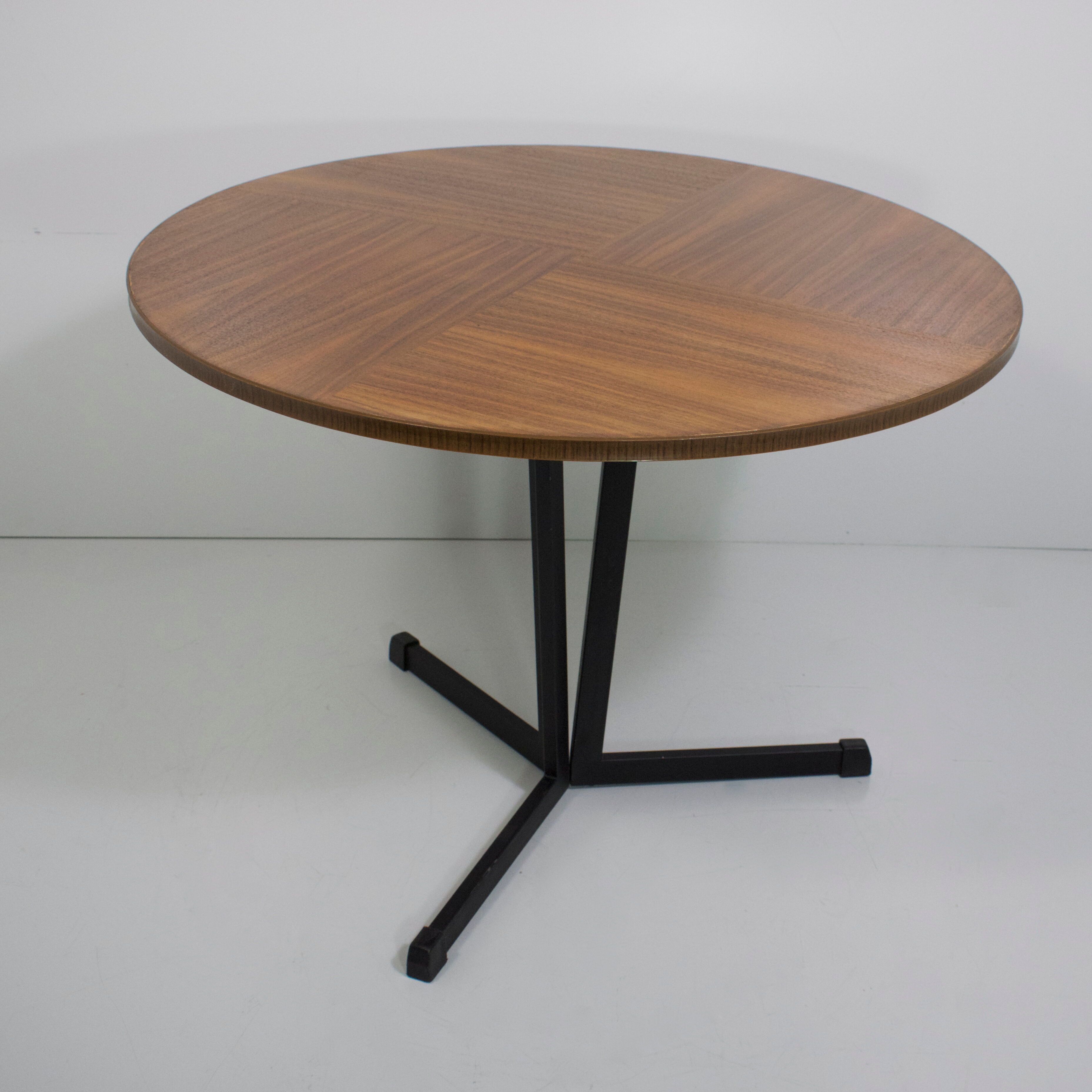 Vintage wooden round bass table black lace-up metal foot, 1960